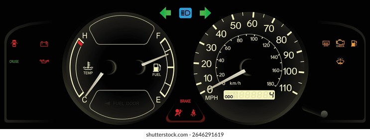 Realista final dos anos 90 Japonês carro mid trim EUA specs painel de instrumentos com transmissão manual e controle de cruzeiro sem tacômetro e antibloqueio de travagem em branco tema iluminação ilustração vetor.