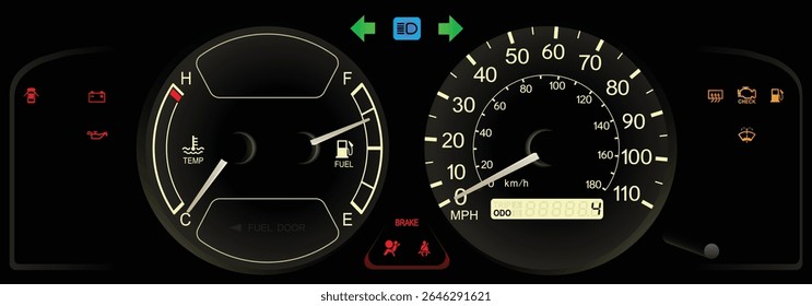 Realista final dos anos 90 Japonês carro menor guarnição EUA especs painel de instrumentos com 3 velocidade de transmissão automática sem tacômetro e antibloqueio de travagem em branco tema iluminação ilustração vetor.