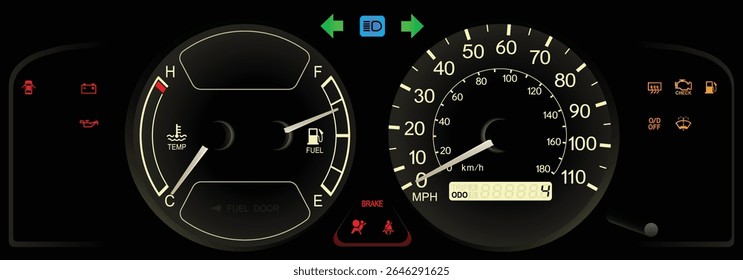 Realista final dos anos 90 Japonês carro menor guarnição EUA especs painel de instrumentos com transmissão automática sem tacômetro e antibloqueio de travagem em branco tema iluminação ilustração vetor.