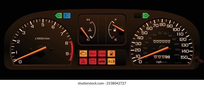 Realistic late 90s Japanese hatch in UK specs instrument panel with fuel injected gasoline engine manual transmission with hazard indicator and low fuel level included antilock illustration vector.