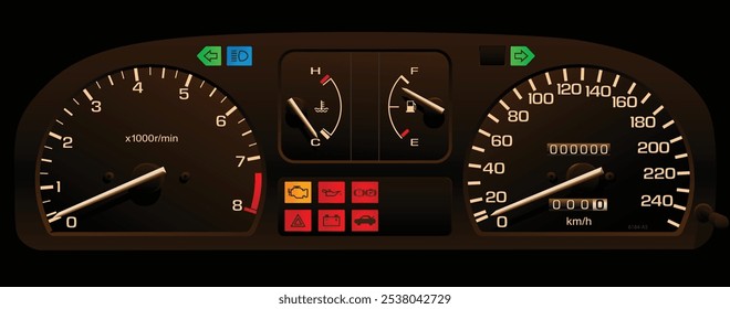 Realistic late 90s Japanese hatch in EU specs full-scale km per hour speedometer instrument panel with fuel injected engine manual transmission with hazard indicator illustration vector.