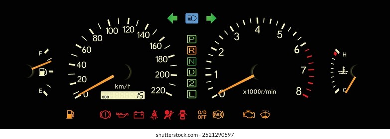 Grande sedán japonés de lujo realista de finales de los años 90 en Especificaciones australianas con caja de cambios automática de motor de gasolina en Vector de ilustración de velocímetro analógico de iluminación amarilla.