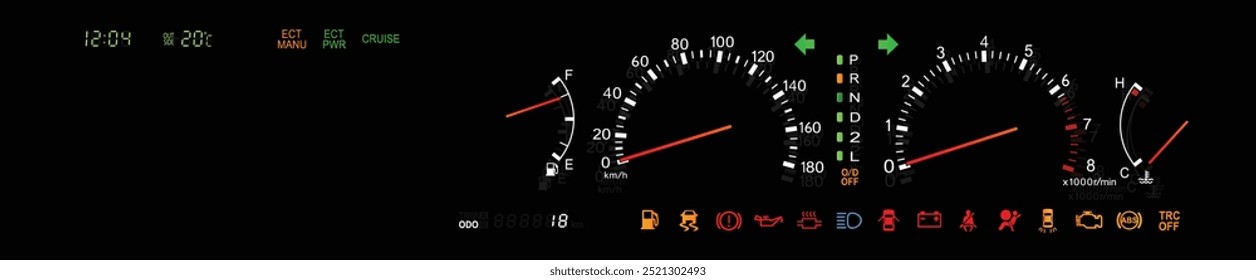 Realista finales de los años 90 Grande sedán de lujo japonés en Especificaciones japonesas con motor de gasolina caja de cambios automática en iluminación de retroiluminación EL velocímetro analógico incluido efecto de reflexión Vector de ilustración.