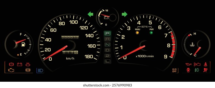 Realistic late 90s Japanese midship sport coupe gauge cluster in gasoline engine automatic gearbox with seatbelt warning and airbag warning light without electric power steering illustration vector.