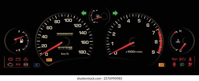 Realistic late 90s Japanese midship sport coupe gauge cluster in turbo intercooler gasoline engine manual gearbox with traction and seatbelt warning included airbag warning light illustration vector.