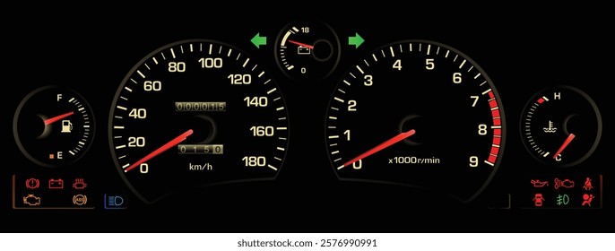 Realistic late 90s Japanese midship sport coupe gauge cluster in gasoline engine manual gearbox with seatbelt warning and airbag warning light without electric power steering illustration vector.