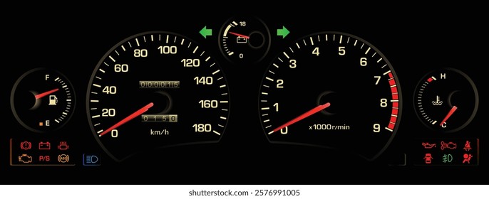 Realistic late 90s Japanese midship sport coupe gauge cluster in gasoline engine manual gearbox with seatbelt warning included airbag warning light and electric power steering illustration vector.