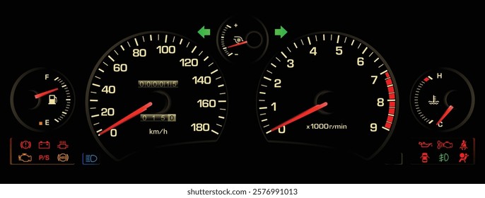 Realistic late 90s Japanese midship sport coupe gauge cluster in turbo intercooler gasoline engine manual gearbox included airbag  and seatbelt warning illustration vector.