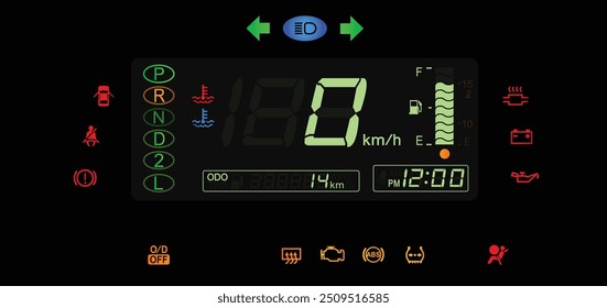 Realistic late 90s Japanese multi-purpose van digital gauge cluster with indicator and warning light without tachometer illustration vector.