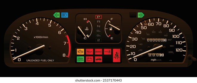 Sedán japonés realista de finales de los años 90 en el panel de instrumentos de las Especificaciones estadounidenses con motor de gasolina inyectado de combustible, transmisión automática con indicador retráctil de correa y Vector de ilustración de luz de control de crucero.