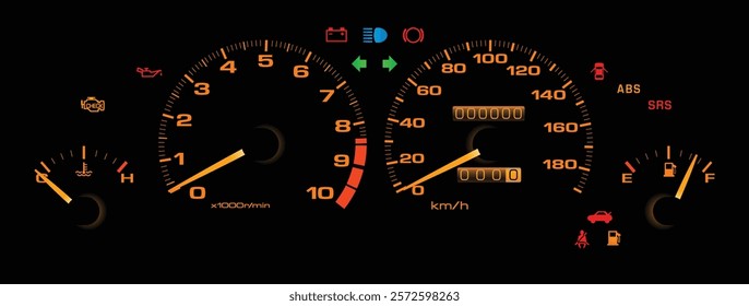 Realistic late 90s Japanese sedan high rev limiter sport themed instrument cluster with fuel injected gasoline engine and manual gearbox without exhaust gas temp warning light illustration vector.