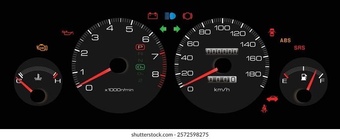 Realistic late 90s Japanese sport coupe instrument cluster with fuel injected gasoline engine and electronic auto gearbox without low fuel level and exhaust gas temp warning light illustration vector.