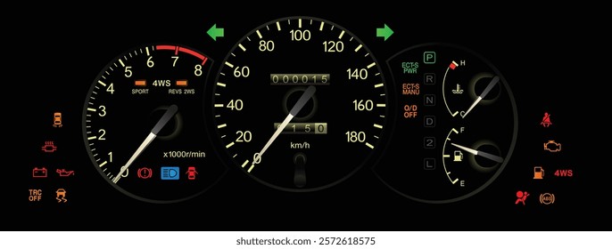 Realistic late 90s Japanese sport coupe gauge cluster in fuel injected gasoline engine and electronic control auto gearbox with 4 wheels steering included traction control lamp illustration vector.