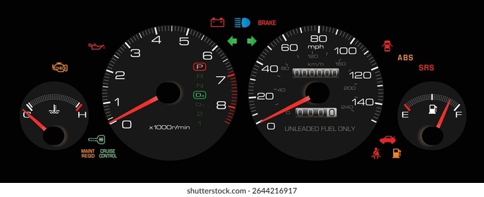 Realistic late 90s Japanese sport sedan US specs gauge cluster with fuel injected gasoline engine and automatic gearbox gearbox included immobilizer and service indicator and cruise control vector.