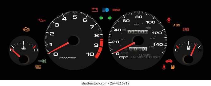 Realista final dos anos 90 Japonês esporte sedan EUA specs calibre cluster com desempenho combustível injetado motor a gasolina e manual caixa de engrenagens caixa de engrenagens incluído imobilizador e indicador de serviço ilustração vetor.