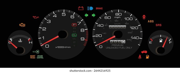 Realistic late 90s Japanese sport sedan US specs gauge cluster with fuel injected gasoline engine and automatic gearbox gearbox included immobilizer and service indicator and cruise control vector.