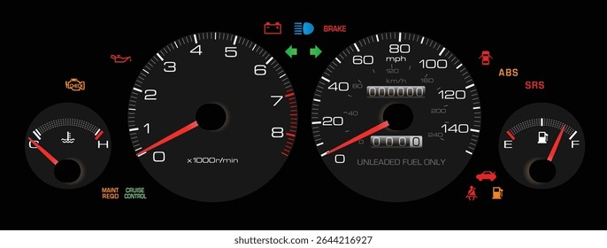 Realista final dos anos 90 japonês esporte sedan EUA specs calibre cluster com combustível injetado motor a gasolina e manual caixa de engrenagens caixa de engrenagens incluído indicador de serviço e vetor de controle de cruzeiro.