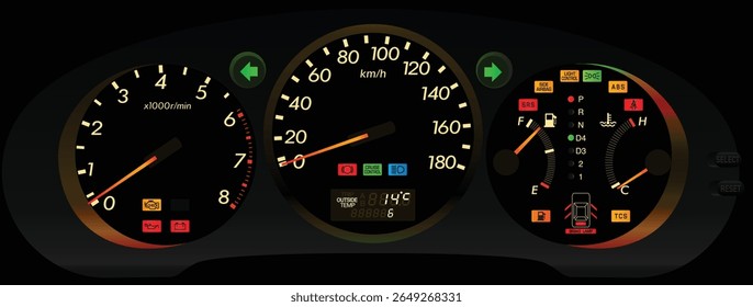 Realistic late 90s night time Japanese premium luxury large sedan gauge cluster in fully function digital trip meter yellowish white theme with side airbag light and stylish font illustration vector.