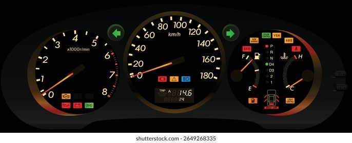 Realistic late 90s night time Japanese exclusive large sedan gauge cluster in fully function digital trip meter yellowish white theme with side airbag light and stylish font illustration vector.
