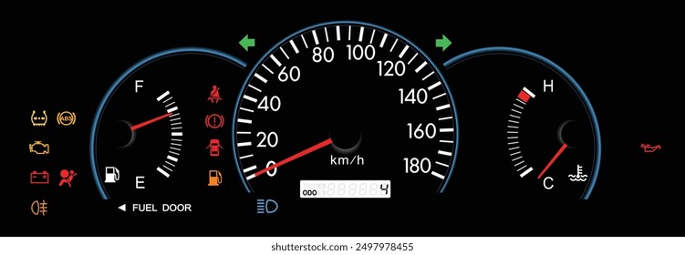 Realistic late Y2K era Japanese car instrument panel lower trim model specification with manual transmission lcd trip meter display without tachometer illustration vector.