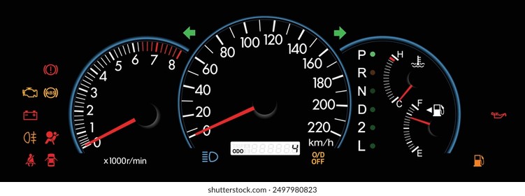 Realistic late Y2K era Japanese car instrument panel mid level Thai specification with 4 speeds automatic transmission and lcd trip meter display illustration vector.