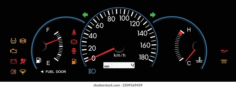 Realista final da era Y2K especificação do modelo de guarnição inferior do painel de instrumentos de carro japonês com motor diesel e transmissão manual lcd trip meter display sem vetor de ilustração de tacômetro.