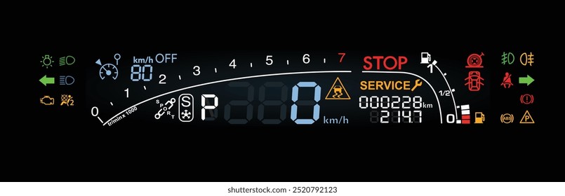 Realista tardío Y2K francés sedán de tamaño completo de lujo con motor de gasolina en caja de cambios automática digital gauge cluster ilustración Vector.