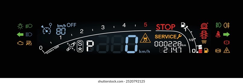 Realista tardío Y2K francés sedán de tamaño completo de lujo con motor diesel en caja de cambios automática digital gauge cluster ilustración Vector.