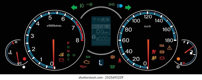 Realista final Y2K japonês grande sedan carro painel de instrumentos especificação japonesa com em iluminação azul e indicador de posição de caixa de velocidades automática com vetor de ilustração de controle de cruzeiro.