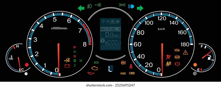 Realista tardío Y2K japonés Grande sedán coche panel de instrumentos Especificación japonesa con iluminación azul y el indicador de posición de la caja de cambios automática con Vector de ilustración de control de crucero adaptativo.