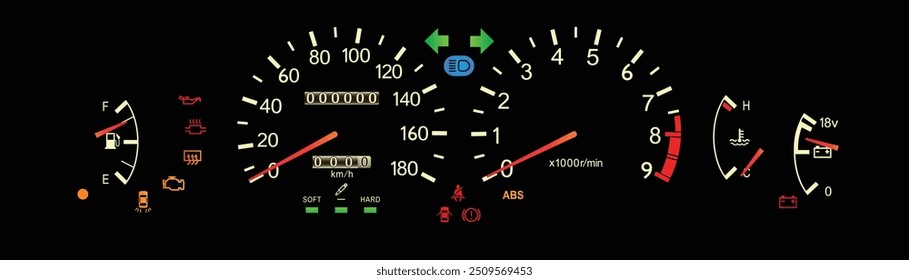 Realista ultimamente 90s Japonês especificações sedan desempenho com transmissão manual em estilo analógico incluído luz amortecedor elétrico e volt medidor ilustração vetor.