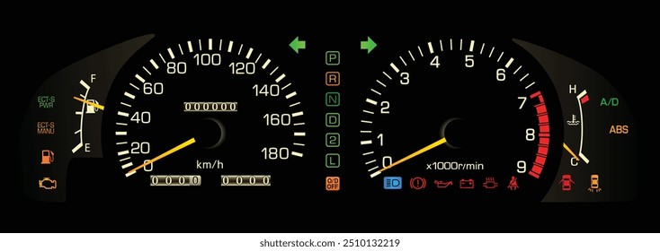 Realista últimamente 90s Especificaciones japonesas rendimiento gran sedán con la transmisión automática y luces indicadoras de modo de conducción en estilo analógico con cuatro ruedas función de dirección Vector de ilustración.