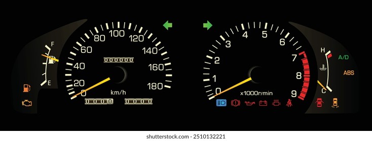 Realista últimamente 90s Especificaciones japonesas rendimiento gran sedán con transmisión manual en estilo analógico con cuatro ruedas función de dirección Vector de ilustración.