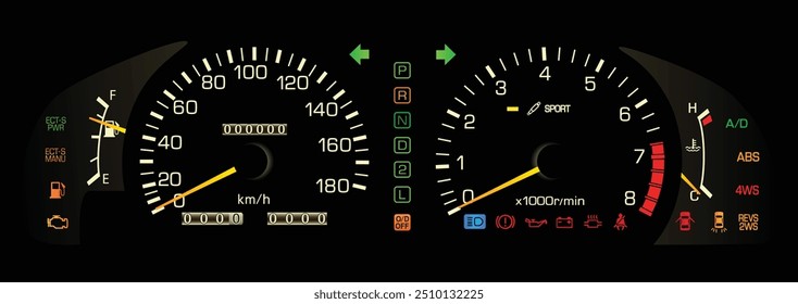 Realista últimamente 90s Especificaciones japonesas sedán grande con transmisión automática y luces indicadoras de modo de conducción en estilo analógico con función de dirección en las cuatro ruedas Vector de ilustración.