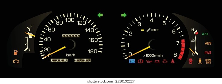 Realista últimamente 90s Especificaciones japonesas sedán grande con la transmisión manual en estilo analógico con la función de dirección de cuatro ruedas Vector de ilustración.