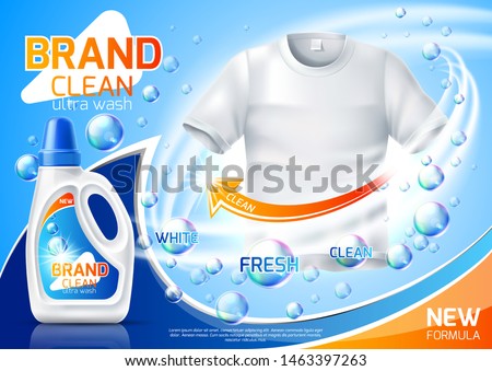 Realistic laundry detergent advertising mockup. Vector apparel cleaning product design. White tshirt in cleaning molecules bubbles vortex. Branded bleach, fabric softener.