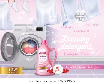 Realistic laundry detergent composition  with delicates care headline and soft pink color of product vector illustration