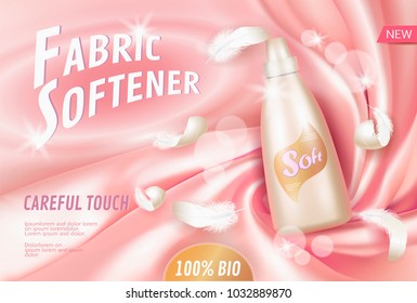 Realistic laundry detergent fabric softener. Tube container ad poster light background silk soft fabric white feather. 3d template mock up branding promote luxury home product vector illustration