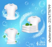 Realistic laundry detergent swirl on blue background, laundry. Clean white T-shirt, washed fresh linen with mint leaves, frosty freshness. 3d vector icon set