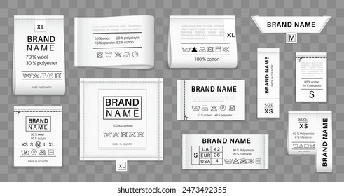 Realistic laundry labels. Clothing tags, realistic 3d vector set of fabric clothes labels presenting brand names, fabric compositions, care instructions and sizes isolated on transparent background