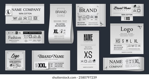 Realistic laundry labels. Clothing tags, 3d vector set of fabric clothes emblems presenting brand names, fabric compositions, care instructions for apparel cleaning and sizes. Isolated laundry labels