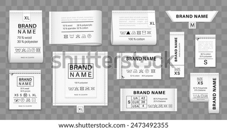 Realistic laundry labels. Clothing tags, realistic 3d vector set of fabric clothes labels presenting brand names, fabric compositions, care instructions and sizes isolated on transparent background