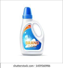 Realistic laundy detergent bottle. Blank white fabric softener container mockup. Vector drain cleaner, bleach package design. Household chores product branding and advertising element.