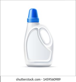 Realistic laundy detergent bottle. Blank white fabric softener container mockup. Vector drain cleaner, bleach package design. Household chores product branding and advertising element.