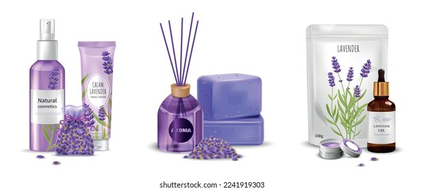 Realistic lavender compositions set with cosmetic products and soap isolated vector illustration