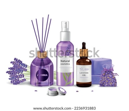 Realistic lavender product concept with cosmetics and aroma sticks vector illustration