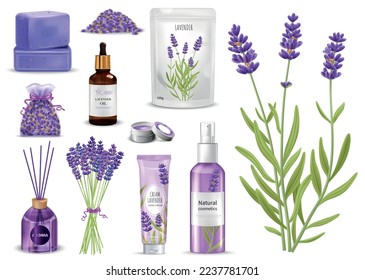 Iconos de productos de lavanda realistas con flores y productos cosméticos ilustraciones vectoriales aisladas