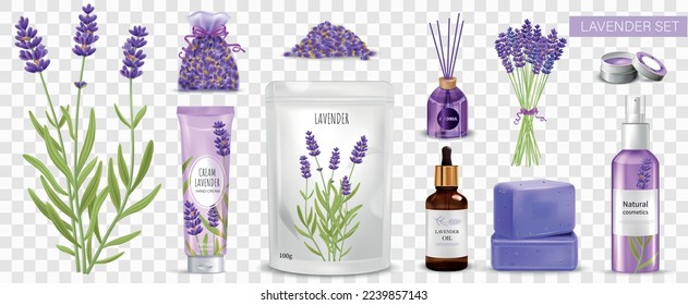 Realistische Lavendel-Produktsymbole auf transparentem Hintergrund, einzelne Vektorgrafik