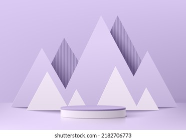 Realistic lavender purple and white 3D cylinder pedestal podium with geometric triangle layers background. Abstract minimal scene mockup products display. Round stage showcase. Vector geometric forms.