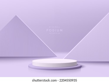 Podio peatonal de lavanda morado y cilindro 3D blanco con fondo de forma triangular geométrico. Resumen de la presentación mínima de productos de simulación de escena. Mostrador de escenario redondo. Formas geométricas vectoriales.